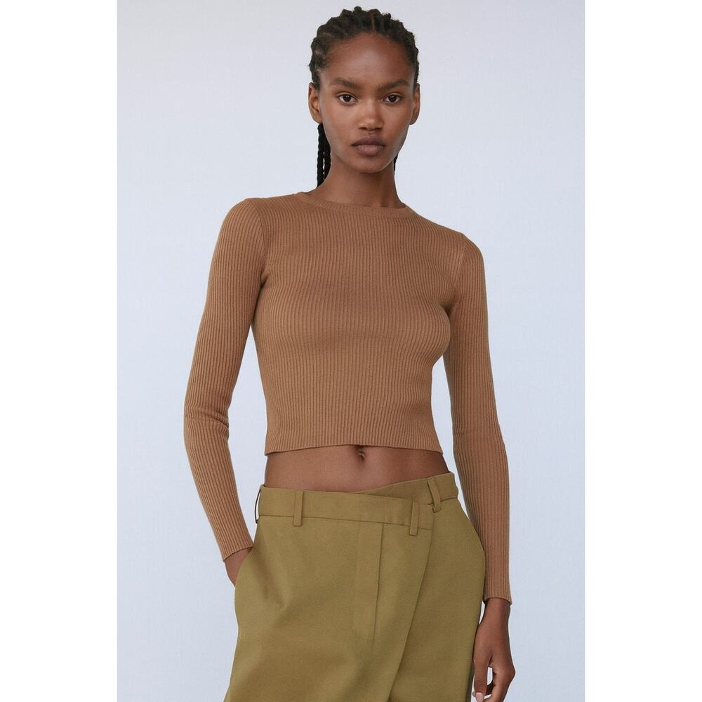 Zara Ribbed Shoulder Pad Long Sleeve Top Brown Capsule Minimalist Size M